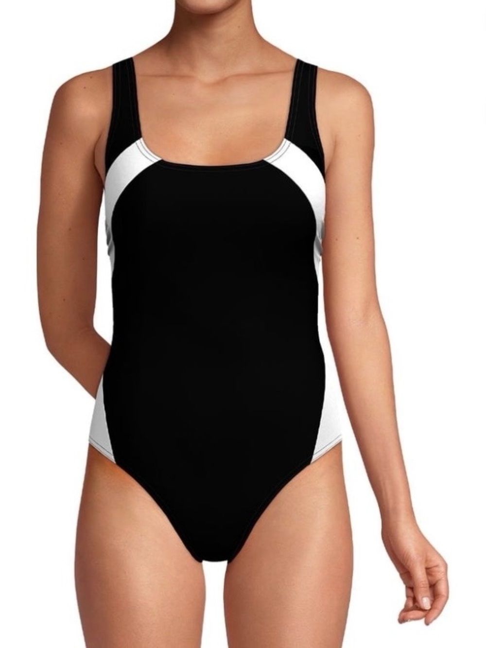 Lands' End Black and White Athletic One-Piece Swimsuit